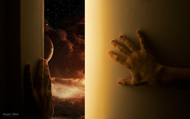 person's hands, Sci Fi, Artistic, Door, Light, Orange, Planet, Sky, Stars, Universe, HD wallpaper