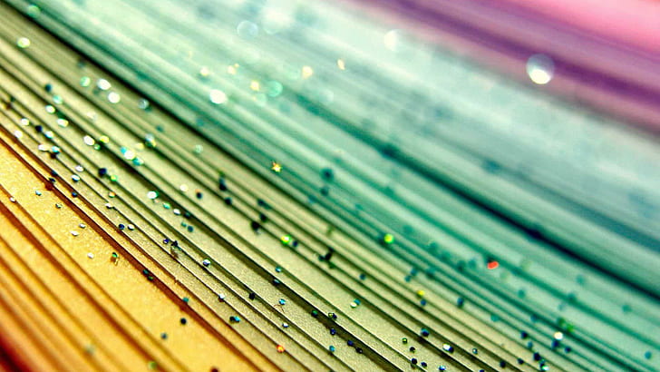 Gliter on colorful ribbons, green and blue small balls decoration, photography, 1920x1080, ribbon, glitter, HD wallpaper