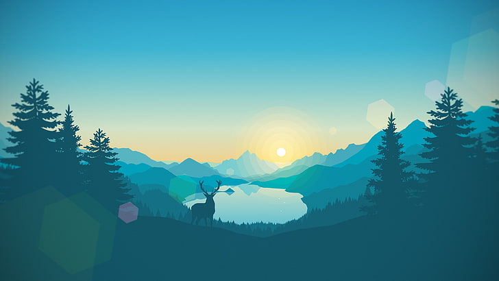silhouette of deer and trees painting, lake, artwork, gradient, vector, landscape, Firewatch, video games, nature, cyan, HD wallpaper