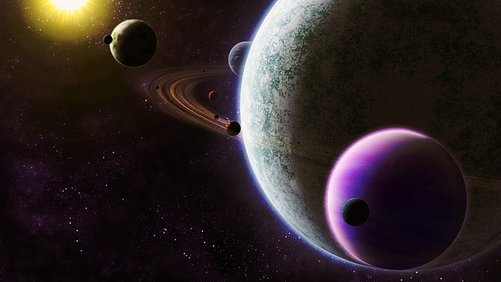 illustration av planeter, rymd, planet, planetariska ringar, rymdkonst, digital konst, HD tapet