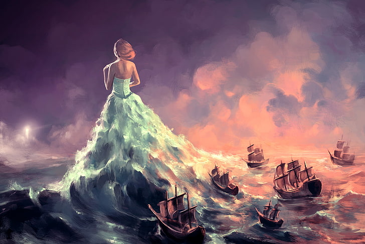 Kobieta ubrana w morze jako sukienka, malarstwo, fantasy, grafika, sztuka cyfrowa, morze, łódź, fale, Tapety HD