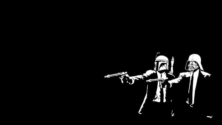 Gwiezdne Wojny Darth Vader i Szturmowiec trzymający pistolet Tapeta, Gwiezdne Wojny, crossover, Pulp Fiction, filmy, sztuka fantasy, sztuka cyfrowa, minimalizm, Tapety HD