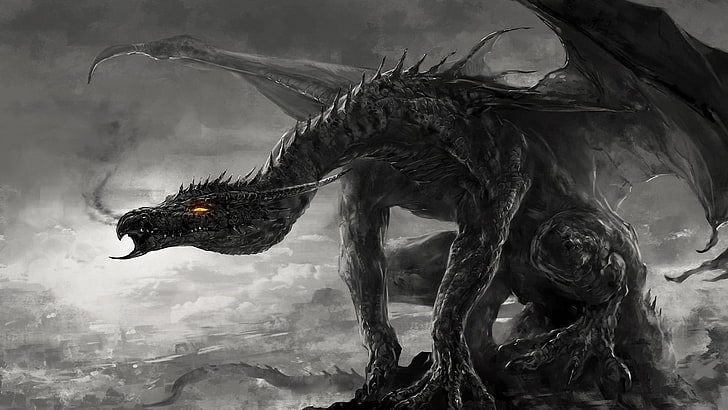 серый дракон цифровые обои, произведение искусства, дракон, огонь, черный, темный, HD обои