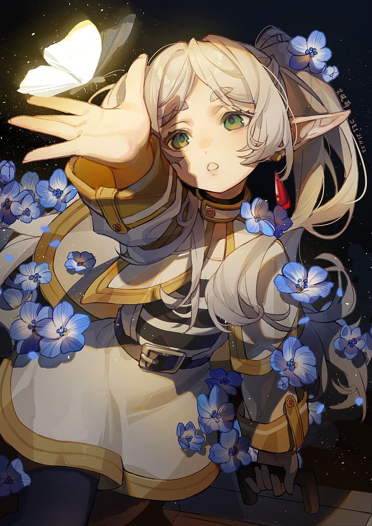 Sousou No Frieren, elves, portrait display, butterfly, pointy ears, green eyes, open mouth, brief case, Frieren (Sousou no Frieren), blue flowers, flowers, Ai Xiao Meng, petals, arms reaching, night, starry night, twintails, looking up, capelet, signature, particle, white hair, long hair, anime girls, glowing, HD wallpaper