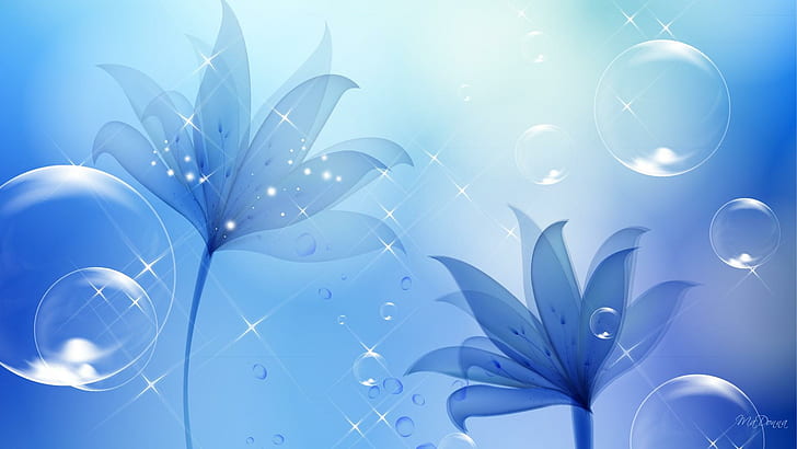 Beauty Of Blues, firefox persona, stars, shine, bubbles, blue, light effects, flowers, 3d and abstract, HD wallpaper