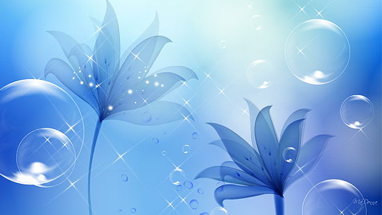 جمال البلوز ، شخصية فايرفوكس ، النجوم ، اللمعان ، الفقاعات ، الأزرق ، التأثيرات الضوئية ، الزهور ، ثلاثية الأبعاد والمجردة، خلفية HD HD wallpaper
