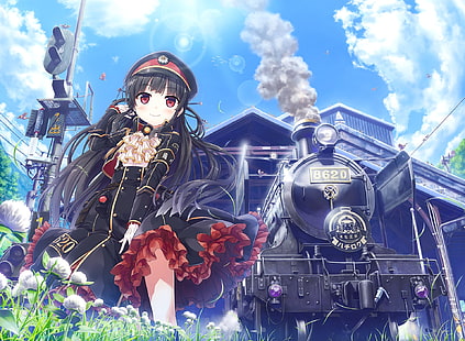anime girls, pociąg, Maitetsu, powieść wizualna, mundurek, Tapety HD HD wallpaper