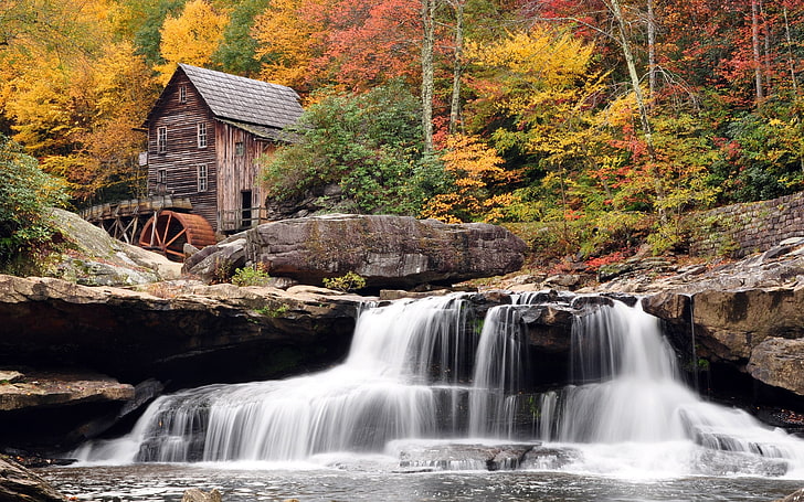 Flussufer, Wasserfälle, Hütte, Steine, Holz, Teller, HD-Hintergrundbild