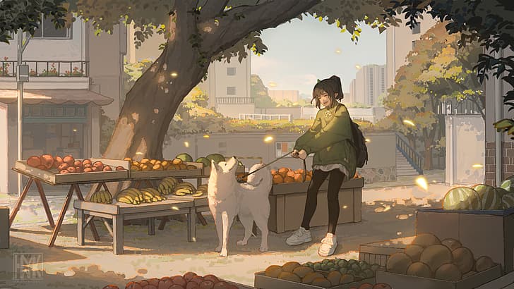 Hua Ming blinkning, originalkaraktärer, hund, fallna löv, frukt, HD tapet