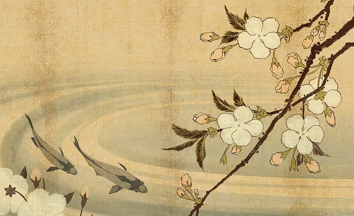 Japanische Karpfen-Kunst, Kirschblüte nahe Wasser mit zwei Fischen, die malen, See, Karpfen, Japaner, Kirschblüten, 3d und Zusammenfassung, HD-Hintergrundbild