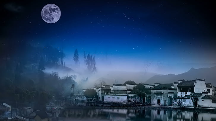 pueblo, luna llena, yixian, condado de yi, huangshan, anhui, china, asia, reflexión, cielo nocturno, oscuridad, cielo estrellado, noche, 5k, 5k uhd, Fondo de pantalla HD