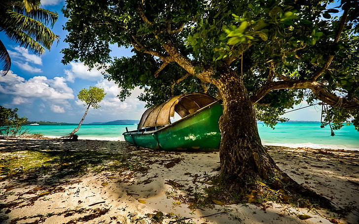 зеленое каноэ, природа, пейзаж, пляж, остров, тропический, Индия, лодка, деревья, море, песок, облака, тень, HD обои