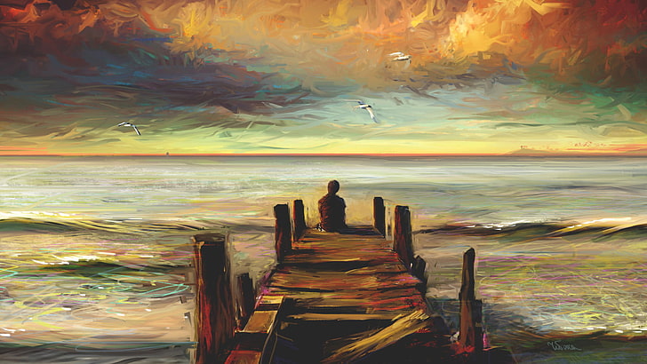 braune Holzbrücke auf Gewässer Malerei, Meer, Einsamkeit, Pierce, HD-Hintergrundbild
