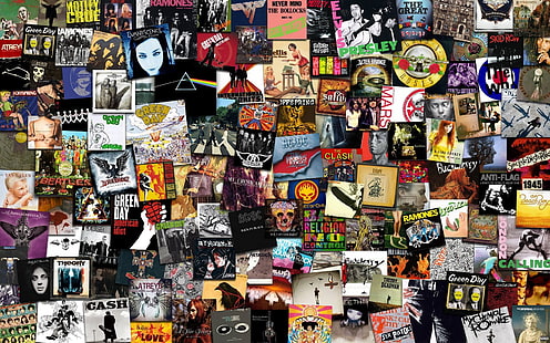 assorted-title vinyl sleeve lot, music, rock bands, compact disc, Green Day, Evanescence, iron madien, AC/DC, The Beatles, Johnny Cash, Breaking Benjamin, 3 Doors Down, Metalica, My Chemical Romance, Muse, Elvis Presley, Foo Fighters, Van Halen, Guns N' Roses, a fine frenzy, Ramones, Aerosmith, Pink Floyd, Bob Marley, anti-flag, collage, HD wallpaper HD wallpaper