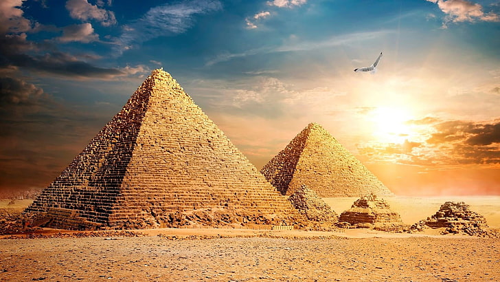 pirámide, historia, cielo, punto de referencia, monumento, atracción turística, historia antigua, patrimonio mundial de la UNESCO, paisaje, arena, nube, Giza, maravillas del mundo, Egipto, arte digital, Fondo de pantalla HD