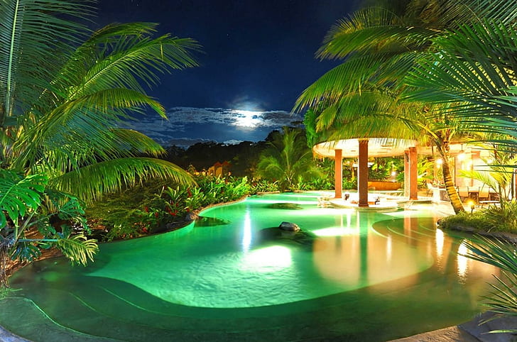 Moonlit Green Lagoon Pool, green palm tree, beautiful, green, moonlight, light, villa, luxury, moon, night, pool, island, hotel, tropical, resort, HD wallpaper