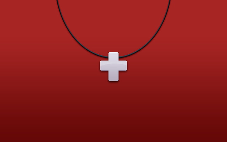 silver-colored cross pendant necklace, digital art, red background, cross, simple background, necklace, HD wallpaper