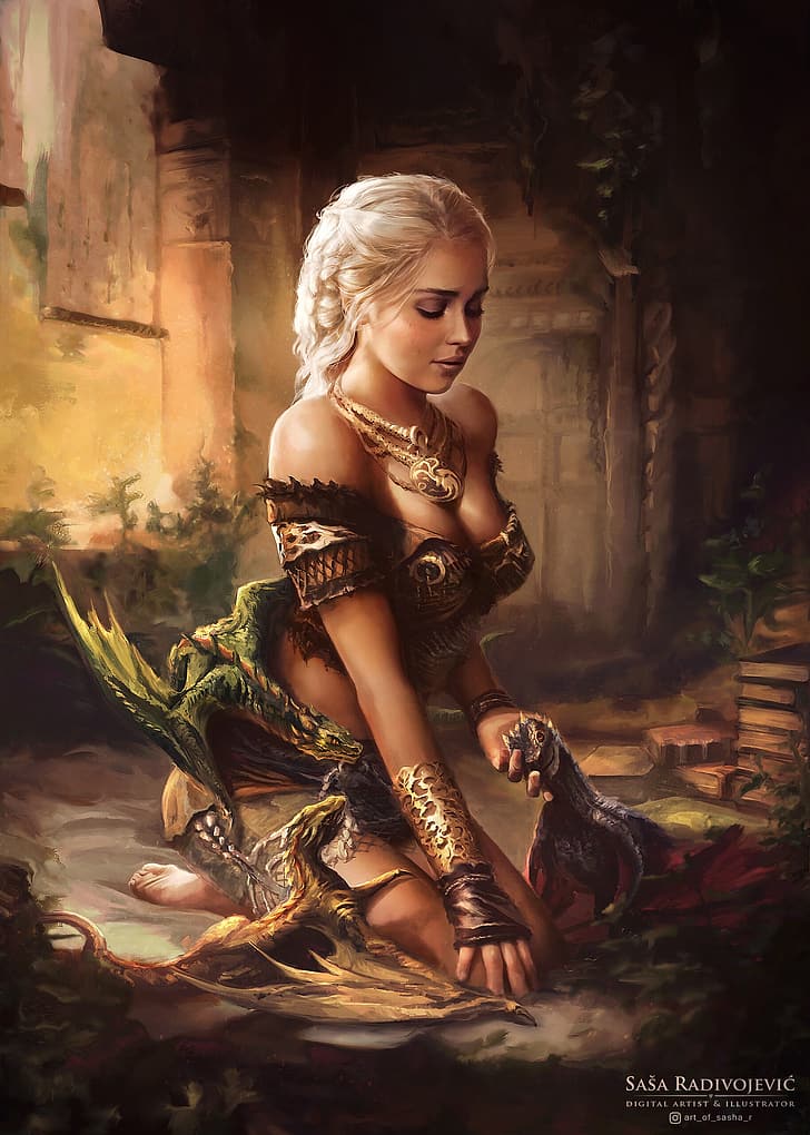 Игра на тронове, Daenerys Targaryen, дракон, произведения на изкуството, фентъзи изкуство, фен арт, HD тапет, тапет за телефон
