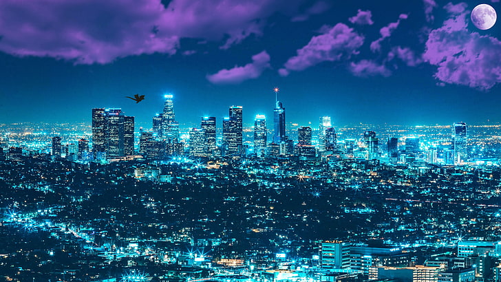 都市の景観、満月、都市、スカイライン、大都市、空、ロサンゼルス、街の灯、奇妙な、夜、高層ビル、5k、5k uhd、カリフォルニア、アメリカ合衆国、 HDデスクトップの壁紙