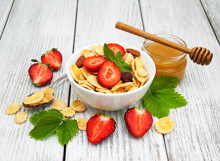 Food, Breakfast, Berry, Cereal, Fruit, Honey, Still Life, Strawberry, HD wallpaper