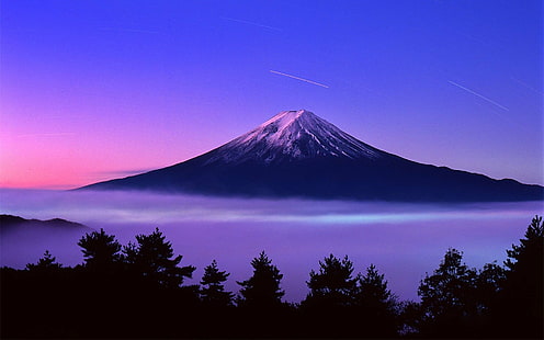 Vulkaner, Fuji-berget, kometen, jorden, berget, silhuetten, himlen, solnedgången, vulkanen, HD tapet HD wallpaper
