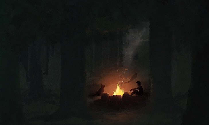 човек, седнал пред огън, фентъзи изкуство, тъмно, HD тапет