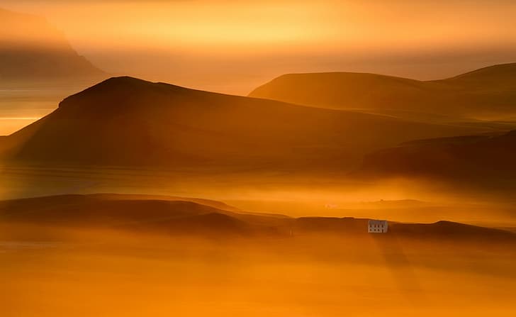 mountains, fog, house, morning, HD wallpaper