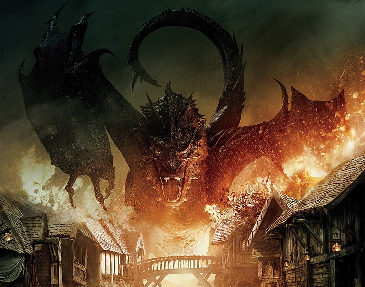 илюстрация на черен дракон, Смауг, Хобит: Битката на петте армии, дракон, HD тапет