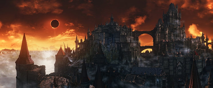 Dark Souls, Dark Souls III, Château, Ville, Dragon, Eclipse, Fond d'écran HD HD wallpaper