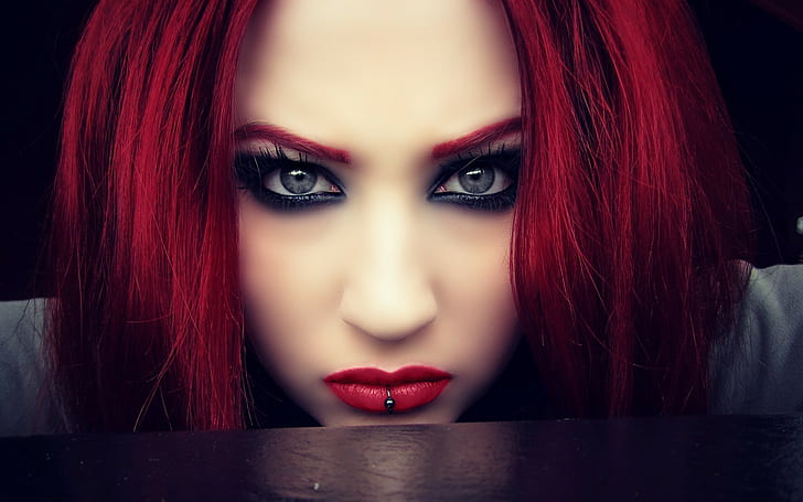 redhead, Niky Von Macabre, women, model, Pierced Lips, face, eyes, makeup, lolina green, smoky eyes, BloodViktoria, HD wallpaper