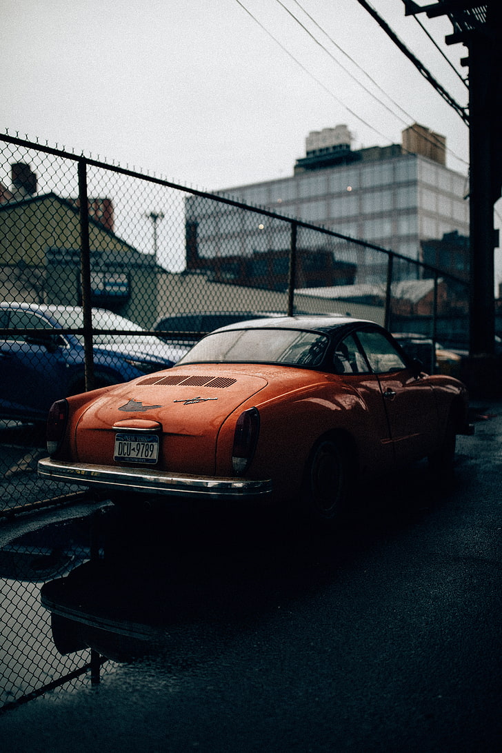 classique orange coupé, auto, rétro, vue de côté, rue, Fond d'écran HD, fond d'écran de téléphone