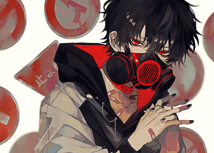 Anime, Original, Bandage, Black Hair, Gas Mask, Red Eyes, Short Hair, HD wallpaper