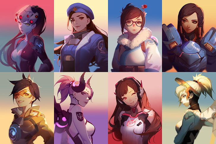 Overwatch characters collage, Ana (Overwatch), Pharah (Overwatch), Tracer (Overwatch), Mercy (Overwatch), Mei (Overwatch), Widowmaker (Overwatch), D.Va (Overwatch), Overwatch, collage, HD wallpaper