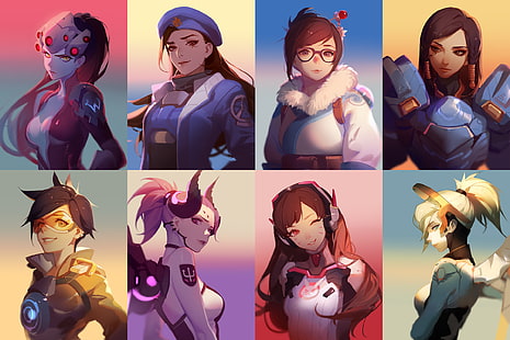 Overwatch characters collage, Ana (Overwatch), Pharah (Overwatch), Tracer (Overwatch), Mercy (Overwatch), Mei (Overwatch), Widowmaker (Overwatch), D.Va (Overwatch), Overwatch, collage, HD wallpaper HD wallpaper