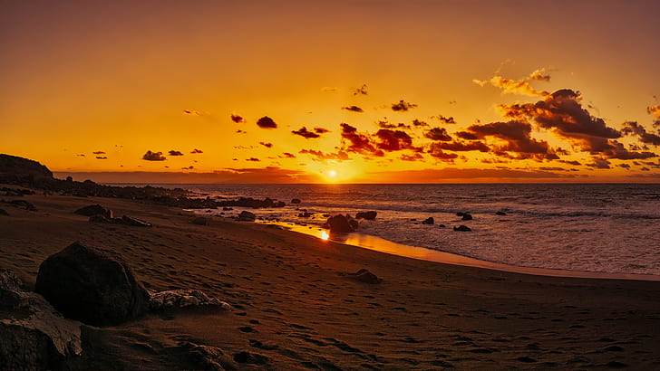 ocean, sunset, shore, sand, stones, valle gran rey, canary islands, spain, HD wallpaper