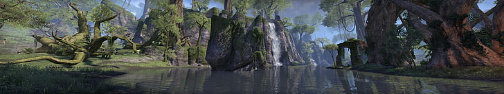 Ilustración panorámica del paisaje, The Elder Scrolls Online, monitores cuádruples, agua, bosque, lago, ruina, Fondo de pantalla HD