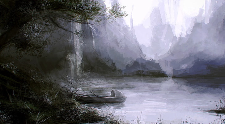 pintura de barco de madera gris, hierba, paisaje, lago, árbol, rocas, orilla, barco, cascada, arte, Fondo de pantalla HD
