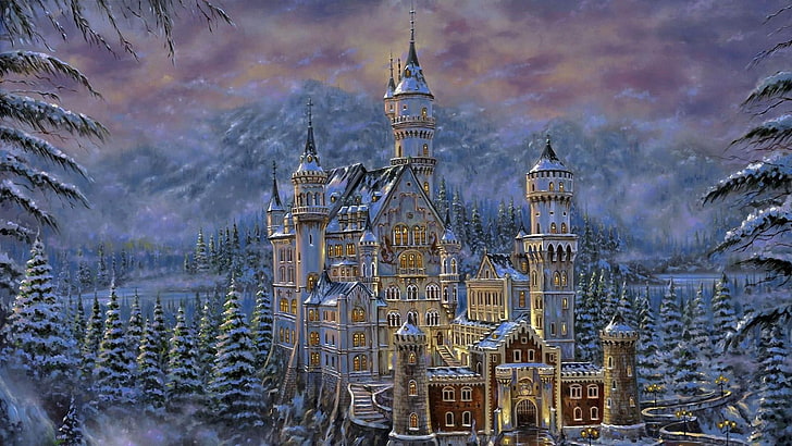 wróżka, zamek, zima, malarstwo, las, śnieg, śnieżny, dzieło sztuki, sztuka, ogon, bajka, kraina marzeń, Tapety HD
