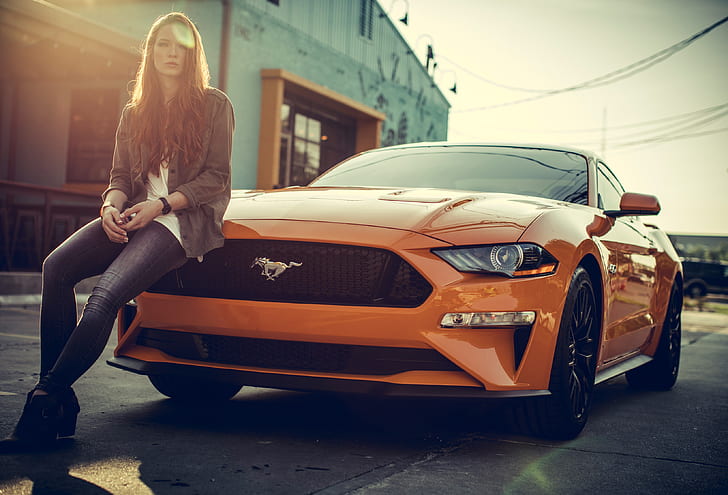 Mustang, ragazza, Ford Mustang, arancio, jeans, rossa, Sfondo HD