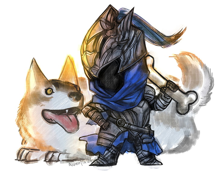 knight and dog illustration, Dark Souls, Armor, Artorias (Dark Souls), Chibi, Sif (Dark Soul), Wolf, HD wallpaper
