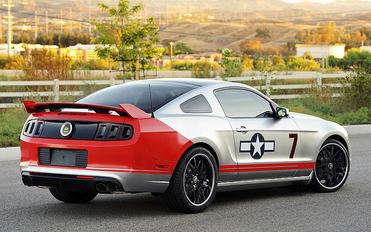 silver and red coupe, ford, mustang, gt, red tails, ford mustang gt coupe, rear view, tuning, gray, muscle car, background, HD wallpaper