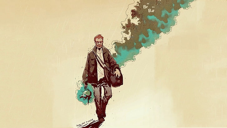 человек в коричневой куртке, несущий сумку, иллюстрация, Уолтер Уайт, Гейзенберг, Ломая, работа, дым, HD обои