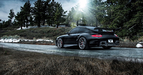 черен Porsche спортен автомобил, porsche, 911, carrera, turbo, страничен изглед, черен, HD тапет HD wallpaper