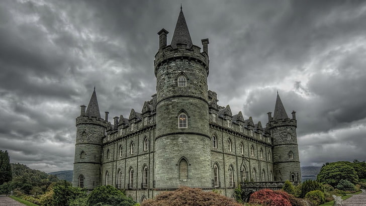 castle, scotland, beautiful, europe, inveraray castle, scottish, argyll, history, historic, cloudy, bushes, HD wallpaper