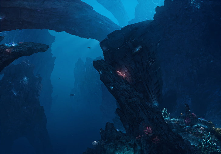 underwater structure digital wallpaper, depth, the bottom of the sea, deep seas of pandora, HD wallpaper