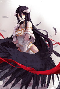 anime, anime girls, Albedo (OverLord), cheveux longs, cheveux noirs, cornes, yeux jaunes, chemise ouverte, ailes, Overlord (anime), Fond d'écran HD HD wallpaper