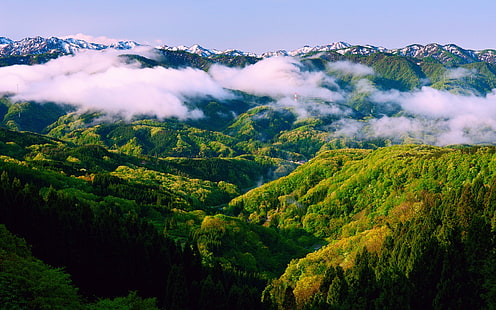Japonia Honsiu Ishikawa, wiosenny poranek, piękna przyroda, mgła, góry, Japonia, Honsiu, Ishikawa, wiosna, poranek, piękna, natura, krajobraz, mgła, góry, Tapety HD HD wallpaper