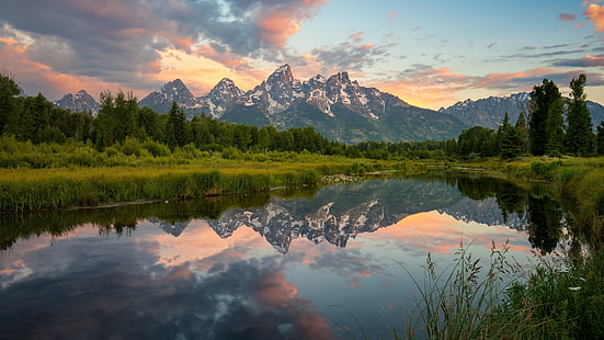 グランドティトン国立公園、反射、山、日の出、山の湖、湖、国立公園、朝、ワイオミング州、アメリカ合衆国、 HDデスクトップの壁紙 HD wallpaper