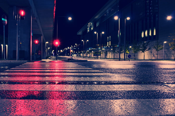 makro pas dla pieszych, miasto, noc, światła, Tapety HD