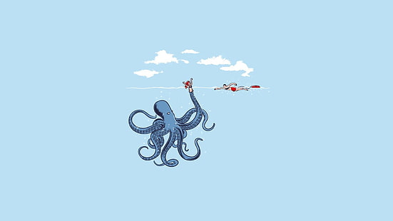 blue octopus in mid-air illustration, humor, minimalism, simple, blue, octopus, digital art, simple background, dark humor, HD wallpaper HD wallpaper